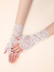 Flower Pattern Lace Bridal Gloves - White - View 2
