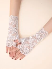 Flower Pattern Lace Bridal Gloves - White - View 4