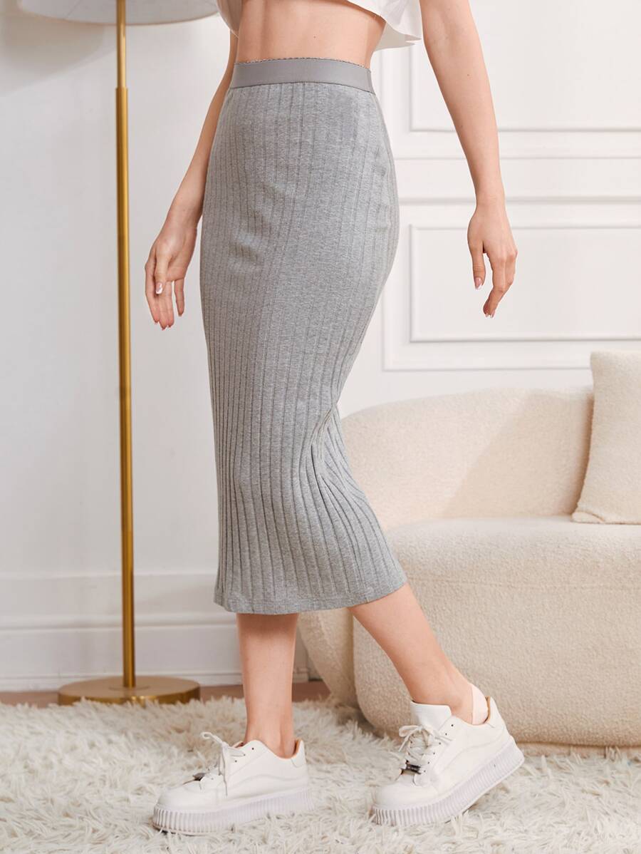 Mulvari 素色條紋針織鉛筆裙 - 淺灰色 - 查看 1