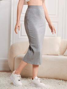 Mulvari 素色條紋針織鉛筆裙 - 淺灰色 - 查看 5
