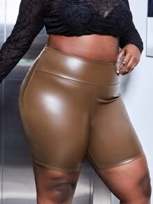 SHEIN SXY Plus Solid PU Leather Shorts - Brown - View 1