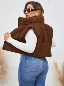 Mulvari Abrigo acolchado con cremallera y sin mangas talla grande para ropa de invierno - Café integral - Ver 2