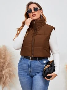 Mulvari Abrigo acolchado con cremallera y sin mangas talla grande para ropa de invierno - Café integral - Ver 4