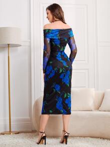 Modelyn Asymmetrical Neck Floral Print Split Hem Ruched Side Mesh Date Night Bodycon Dress - Multicolor - View 2