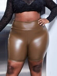 SHEIN SXY Plus Solid PU Leather Shorts - Brown - View 3