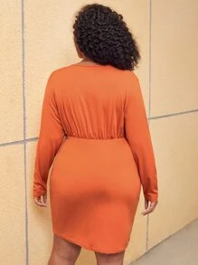 大碼深V領緊身連衣裙 - 橘色 - 查看 2