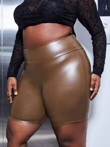 SHEIN SXY Plus Solid PU Leather Shorts - Brown - View 4