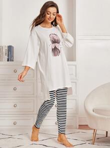 SHEIN Unity Figure Graphic Drop Shoulder High Low Hem Tee & Striped Leggings PJ Set - Black and White - View 3