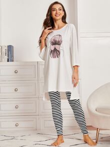 SHEIN Unity Figure Graphic Drop Shoulder High Low Hem Tee & Striped Leggings PJ Set - Black and White - View 5