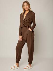 SHEIN 粘膠纖維垂墜休閒服連體褲 - 咖啡棕 - 查看 5