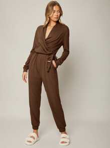 SHEIN 粘膠纖維垂墜休閒服連體褲 - 咖啡棕 - 查看 9