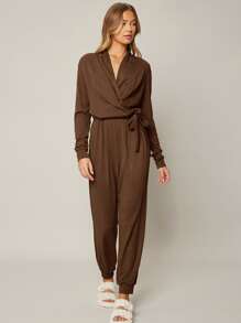 SHEIN 粘膠纖維垂墜休閒服連體褲 - 咖啡棕 - 查看 10