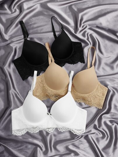 3pack Microfiber Contrast Lace Push Up Bra