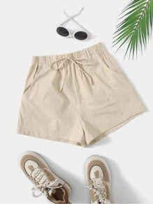 Quần đùi nữ Thắt nút Túi màu trơn Giải trí - Màu be - Xem 1
