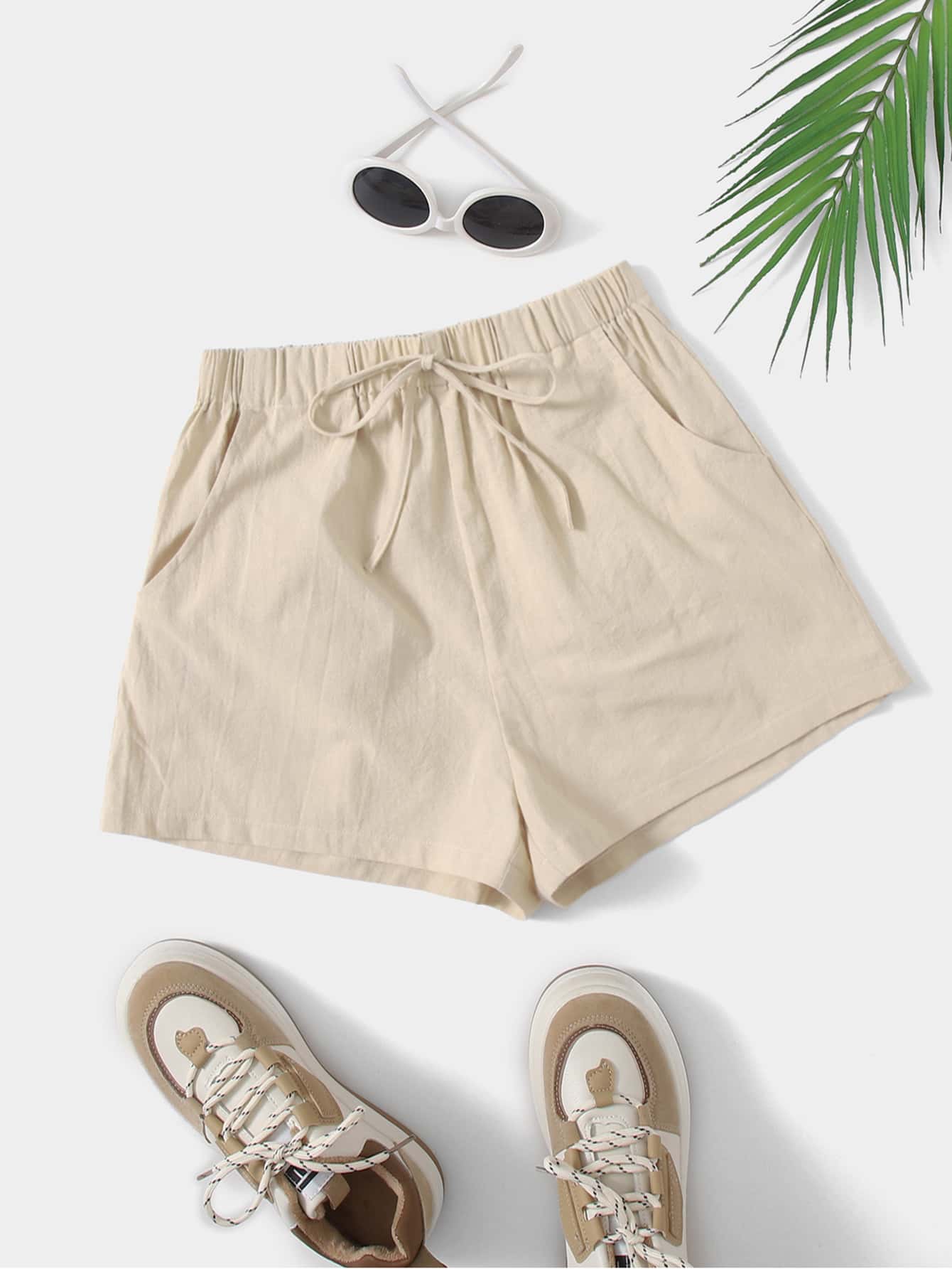 Quần đùi nữ Thắt nút Túi màu trơn Giải trí - Màu be - Xem 1