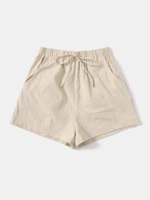 Quần đùi nữ Thắt nút Túi màu trơn Giải trí - Màu be - Xem 3