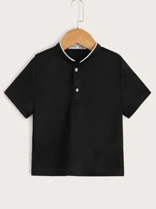 SHEIN Áo polo bé trai Tương phản ràng buộc Nút phía trước màu trơn Giải trí - màu đen - Xem 1