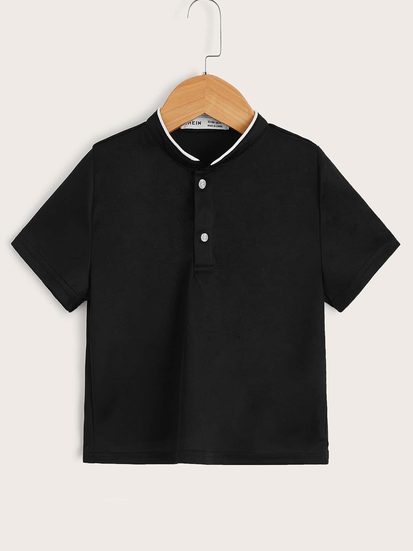 SHEIN Áo polo bé trai Tương phản ràng buộc Nút phía trước màu trơn Giải trí - màu đen - Xem 1
