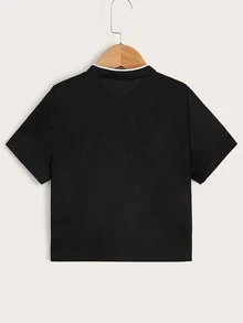 SHEIN Áo polo bé trai Tương phản ràng buộc Nút phía trước màu trơn Giải trí - màu đen - Xem 2