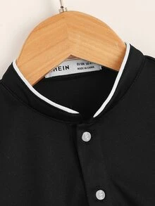 SHEIN Áo polo bé trai Tương phản ràng buộc Nút phía trước màu trơn Giải trí - màu đen - Xem 4