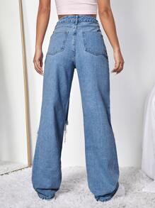 Jeans anchos de talle alto roto - Azul lavado medio - Ver 2