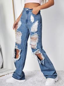 Jeans anchos de talle alto roto - Azul lavado medio - Ver 4