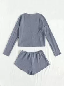 华夫格针织上衣和短裤休闲套装