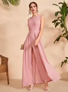 Mulvari Solid Zipper Back Culotte Jumpsuit - Coral Pink - View 1