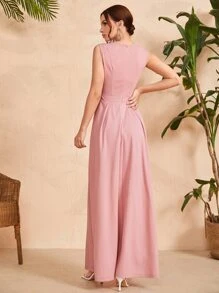 Mulvari Solid Zipper Back Culotte Jumpsuit - Coral Pink - View 2