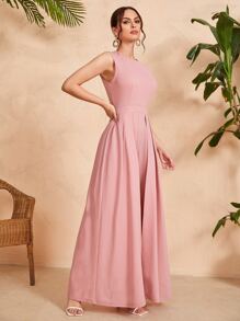 Mulvari Solid Zipper Back Culotte Jumpsuit - Coral Pink - View 3