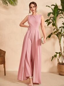 Mulvari Solid Zipper Back Culotte Jumpsuit - Coral Pink - View 4