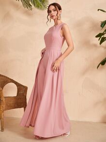 Mulvari Solid Zipper Back Culotte Jumpsuit - Coral Pink - View 5