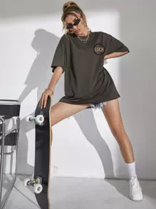 字母圖案落肩T恤 - 巧克力棕 - 查看 1