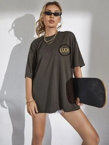 字母圖案落肩T恤 - 巧克力棕 - 查看 5