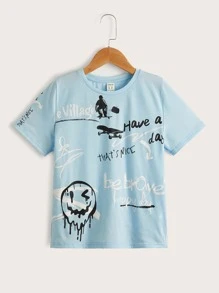 SHEIN 男孩字母任務圖案T恤