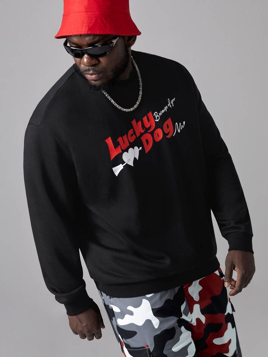 Manfinity VCAY Men Plus Letter & Heart Print Pullover - Black - View 1