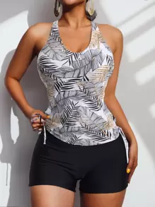 Tankini de verano con estampado de plantas y espalda cruzada para la playa - Multicolor - Ver 1