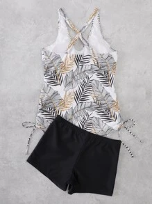 Tankini de verano con estampado de plantas y espalda cruzada para la playa - Multicolor - Ver 2