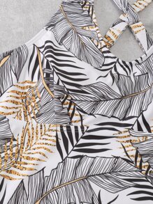 Tankini de verano con estampado de plantas y espalda cruzada para la playa - Multicolor - Ver 5