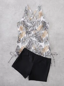 Tankini de verano con estampado de plantas y espalda cruzada para la playa - Multicolor - Ver 6