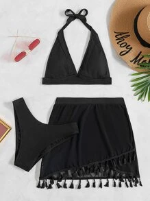 Bộ 3 bộ bikini hở lưng trơn & váy đi biển trang trí tua rua, cho kỳ nghỉ hè - màu đen - Xem 6