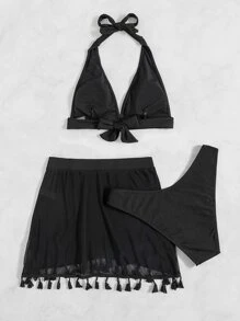Bộ 3 bộ bikini hở lưng trơn & váy đi biển trang trí tua rua, cho kỳ nghỉ hè - màu đen - Xem 2