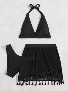 Bộ 3 bộ bikini hở lưng trơn & váy đi biển trang trí tua rua, cho kỳ nghỉ hè - màu đen - Xem 3