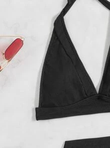 Bộ 3 bộ bikini hở lưng trơn & váy đi biển trang trí tua rua, cho kỳ nghỉ hè - màu đen - Xem 4