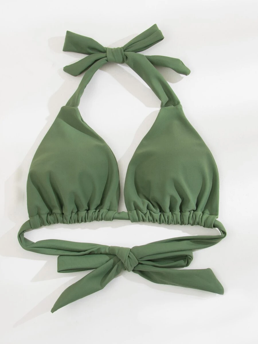 纯色褶皱比基尼上衣夏季 - 軍綠色 - 查看 1