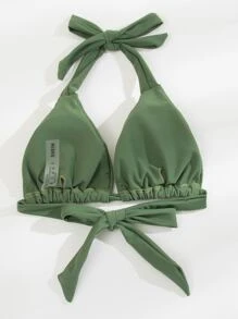 纯色褶皱比基尼上衣夏季 - 軍綠色 - 查看 2