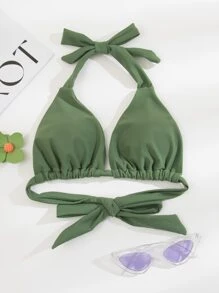 纯色褶皱比基尼上衣夏季 - 軍綠色 - 查看 4