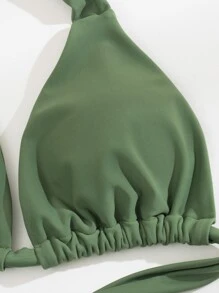 纯色褶皱比基尼上衣夏季 - 軍綠色 - 查看 5