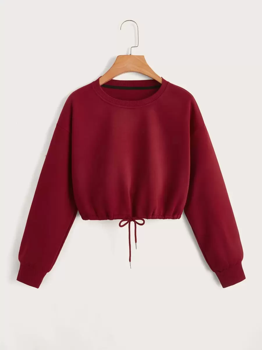 INAWLY Drop Shoulder Drawstring Thermal Lined Sweatshirt Pullover Fall Outfit - Burgundy - View 1