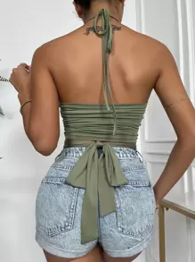 SHEIN Unity 前鏤空後綁帶掛脖上衣 - 軍綠色 - 查看 2
